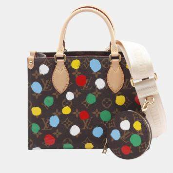 Pre Owned Louis Vuitton X Yayoi Kusama On The Go Pm Handbag Coated Canvas And Leather Monogram Brown Multicolor