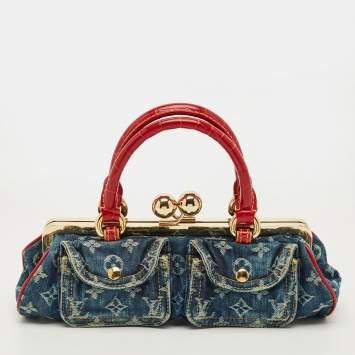 Pre Owned Louis Vuitton Sac Fermoir GM Blue/Red Monogram Denim and Alligator Bag