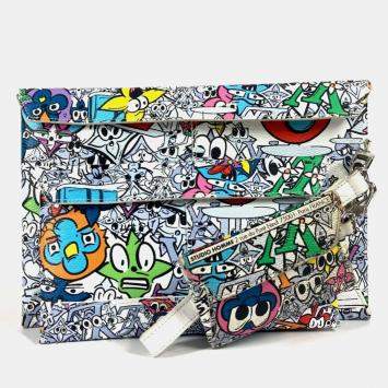 Pre Owned Louis Vuitton Monogram Comic Trio Envelope Pouch Bag Second With Strap Business Card Holder/Card Case Clutch Leather Canvas Multicolor