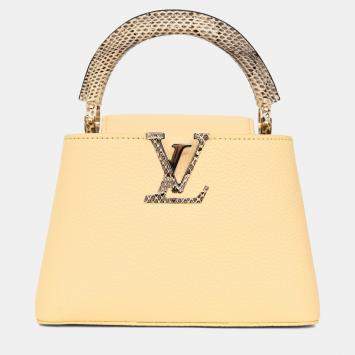 Pre Owned Louis Vuitton Pale Yellow Grained Leather Python Trim Mini Capucines Top Handle with Strap
