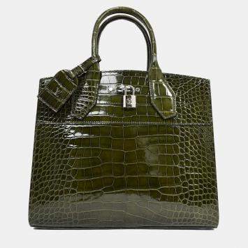 Pre Owned Louis Vuitton Green Alligator Mississippiensis City Steamer MM Top Handle with Strap