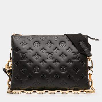 Pre Owned Louis Vuitton Black Monogram Embossed Puffy Lambskin Coussin PM