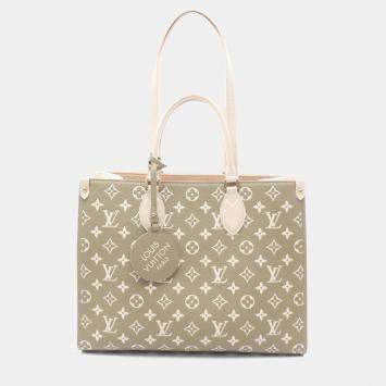 Pre Owned Louis Vuitton On The Go Mm Tote Bag Monogram Empreinte Leather Khaki And Ivory