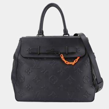 Pre Owned Louis Vuitton Monogram Seal Steamer Tote 2-Way Shoulder Bag In Black Leather