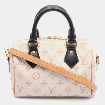 Pre Owned Louis Vuitton Speedy Bandouliere 20 Handbag Coated Canvas And Leather Monogram White Beige Black
