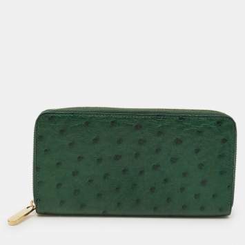 Pre Owned Louis Vuitton Zippy Green Ostrich Wallet