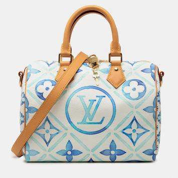 Pre Owned Louis Vuitton Blue Monogram Tiles By The Pool Speedy Bandouliere 25
