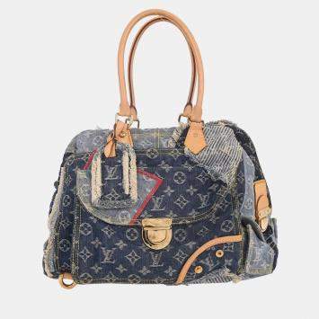 Pre Owned Louis Vuitton Blue Monogram Denim Patchwork Bowly Handbag