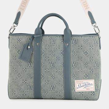 Pre Owned Louis Vuitton Weekend Tote Nm Blue Monogram Washed Denim