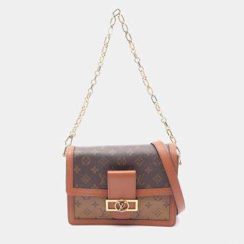 Pre Owned Louis Vuitton Dauphine Mm Shoulder Bag In Coated Canvas And Leather With Monogram Reverse Brown Beige
