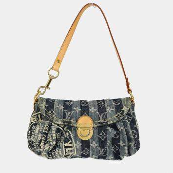Pre Owned Louis Vuitton Mini Pleaty Raye Blue Monogram Denim Leather Shoulder Bag
