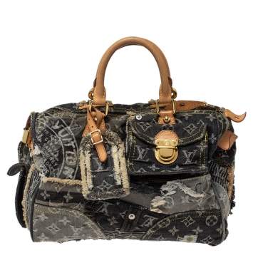 Pre Owned Louis Vuitton Black Monogram Denim Limited Edition Patchwork Speedy Bag