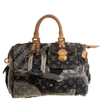 Pre Owned Louis Vuitton Black Monogram Denim Limited Edition Patchwork Speedy Bag