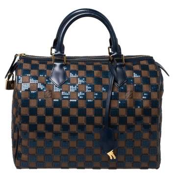 Pre Owned Louis Vuitton Blue Damier Ebene Paillettes Limited Edition Speedy 30 Bag