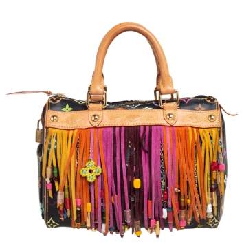 Pre Owned Louis Vuitton Black Monogram Multicolore Canvas Limited Edition Fringe Speedy 25 Bag