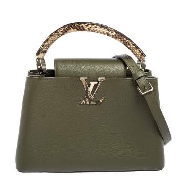 Pre Owned Louis Vuitton Khaki Green Taurillon Leather and Python Capucines PM Bag