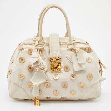 Pre Owned Louis Vuitton Light Beige Canvas Bowly Polka Dot Panama Bag