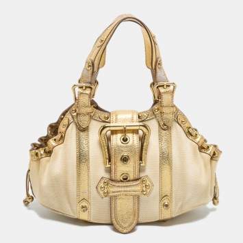 Pre Owned Louis Vuitton Gold/Cream Canvas and Leather Antigua Theda PM Bag
