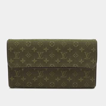Pre Owned Louis Vuitton Khaki Green Mini Lin Canvas Porte Tresor International Wallet 