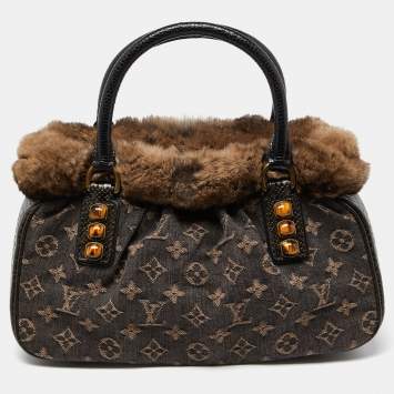 Pre Owned Louis Vuitton Black Monogram Denim,Fur and Snakeskin Trapeze PM Bag