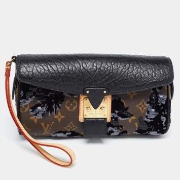 Pre Owned Louis Vuitton Black/Monogram Canvas and Leather Limited Edition Fleur de Jais Manege Clutch