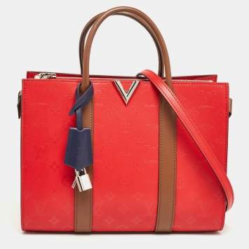 Pre Owned Louis Vuitton Rubis/Noisette Monogram Plume Leather Very MM Tote