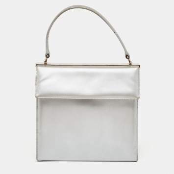 Pre Owned Salvatore Ferragamo Silver Leather Metal Frame Top Handle Bag