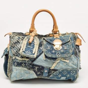 Pre Owned Louis Vuitton Blue Denim Monogram Limited Edition Patchwork Speedy Bag