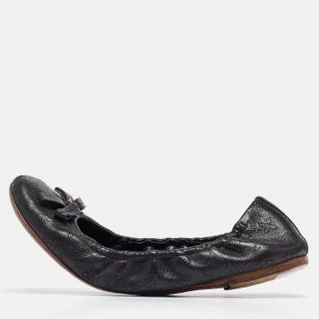Pre Owned Louis Vuitton Black Monogram Leather Elba Scrunch Ballet Flats Size 39.5