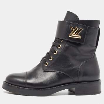 Pre Owned Louis Vuitton Black Leather Wonderland Flat Ranger Boots Size 37.5