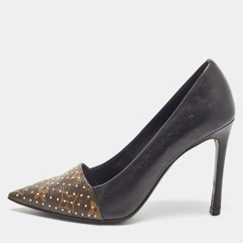 مملوكة مسبقًا Louis Vuitton Black/Brown Leather and Studded Monogram Canvas Pointed Toe Pumps Size 36