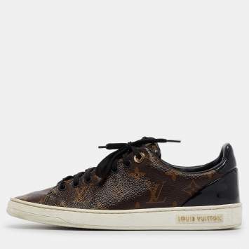 Pre Owned Louis Vuitton Brown/Black Monogram Canvas and  Leather Frontrow Sneakers Size 37.5