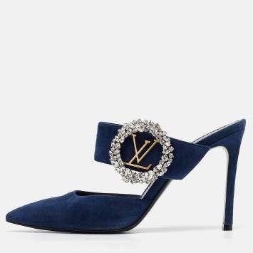 Pre Owned Louis Vuitton Navy Blue Suede Madeleine Mules Size 39.5