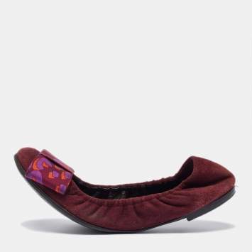 Pre Owned Louis Vuitton Burgundy Suede Bow Scrunch Ballet Flats Size 39