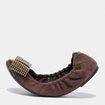 Pre Owned Louis Vuitton Brown/Green Suede and Patent Leather Mimi Studded Bow Scrunch Ballet Flats Size 38.5