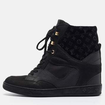 Pre Owned Louis Vuitton Black Leather And Suede Monogram Empreinte Wedge Sneakers Size 36