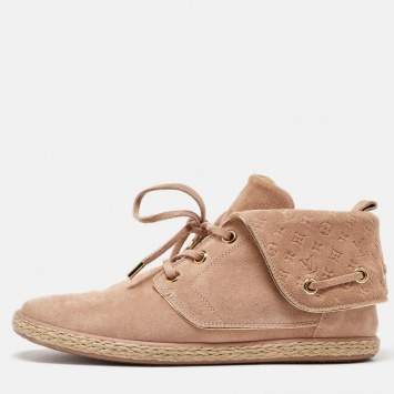 Pre Owned Louis Vuitton Dusty Pink Empreinte Suede Lace Up Booties Size 39