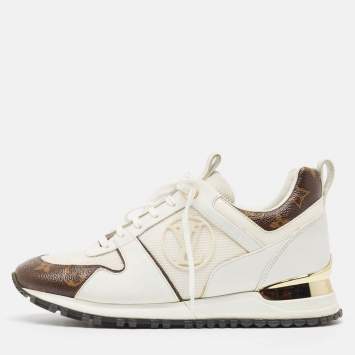 Pre Owned Louis Vuitton White/Brown Leather and Monogram Canvas Run Away Low Top Sneakers Size 37
