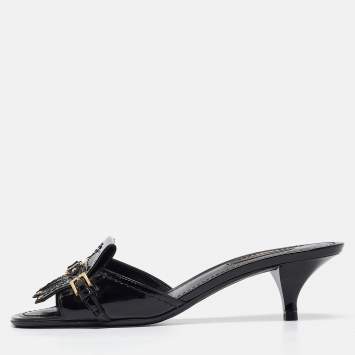 Pre Owned Louis Vuitton Black Patent Leather Studded Fringe Buckle Detail Slide Sandals Size 38.5