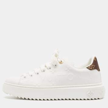 Pre Owned Louis Vuitton White Monogram Debossed Leather Time Out Sneakers Size 38