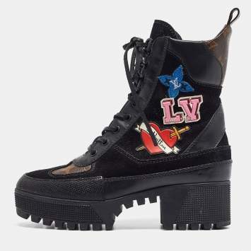 Pre Owned Louis Vuitton Black/Brown Monogram Canvas and Leather Laureate Ankle Boots Size 37