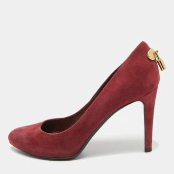 Pre Owned Louis Vuitton Red Suede Lock It Pumps Size 37