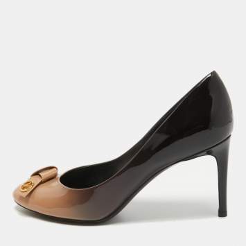 Pre Owned Louis Vuitton Black/Beige Patent Leather Fiance Bow Round Toe Pumps Size 37