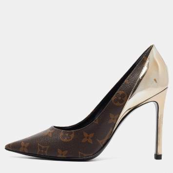 Pre Owned Louis Vuitton Brown Monogram Canvas and Leather Chérie Pumps Size 37.5