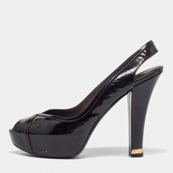 Pre Owned Louis Vuitton Brown Monogram Embossed Patent Leather Tamara Slingback Pumps Size 39.5