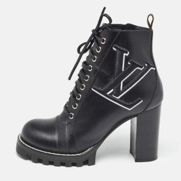Pre Owned Louis Vuitton Black Leather Star Trail Block Heel Ankle Boots Size 39