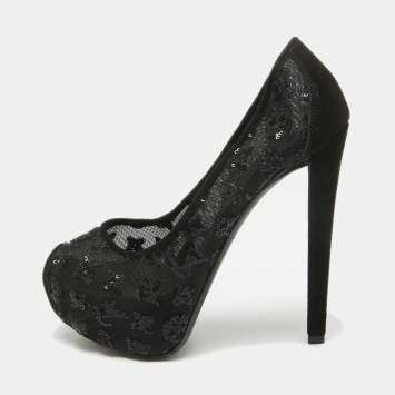 Pre Owned Louis Vuitton Black Mesh and Suede Peep Toe Pumps Size 35