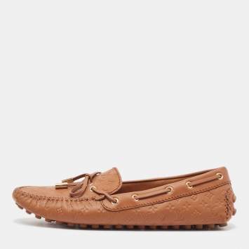Pre Owned Louis Vuitton Brown Monogram Empreinte Leather Gloria Loafers Size 39