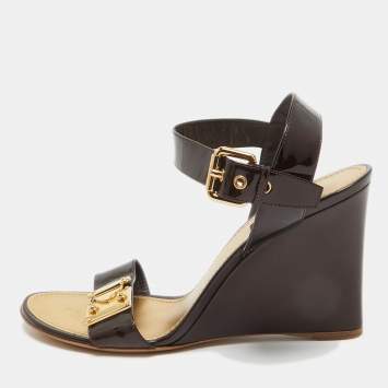 Pre Owned Louis Vuitton Burgundy Patent Leather Wedge Sandals Size 41