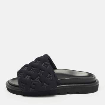 Pre Owned Louis Vuitton Black Monogram Nylon Velcro Flats Slides Size 38